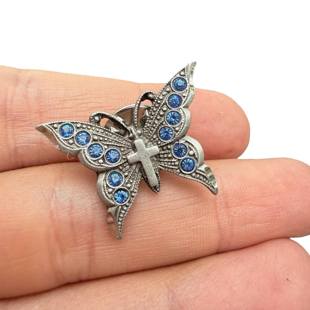 Vintage Jewelry Blue Butterfly Brooch with Cross Pin
